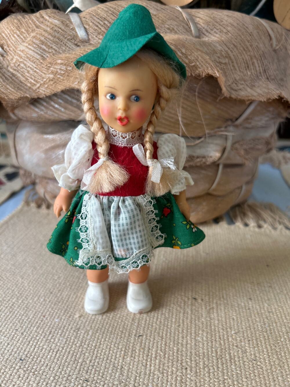 VTG 60's West Germany Girl Doll Blue Glass Bead Eyes Long Blonde Braids Rubber